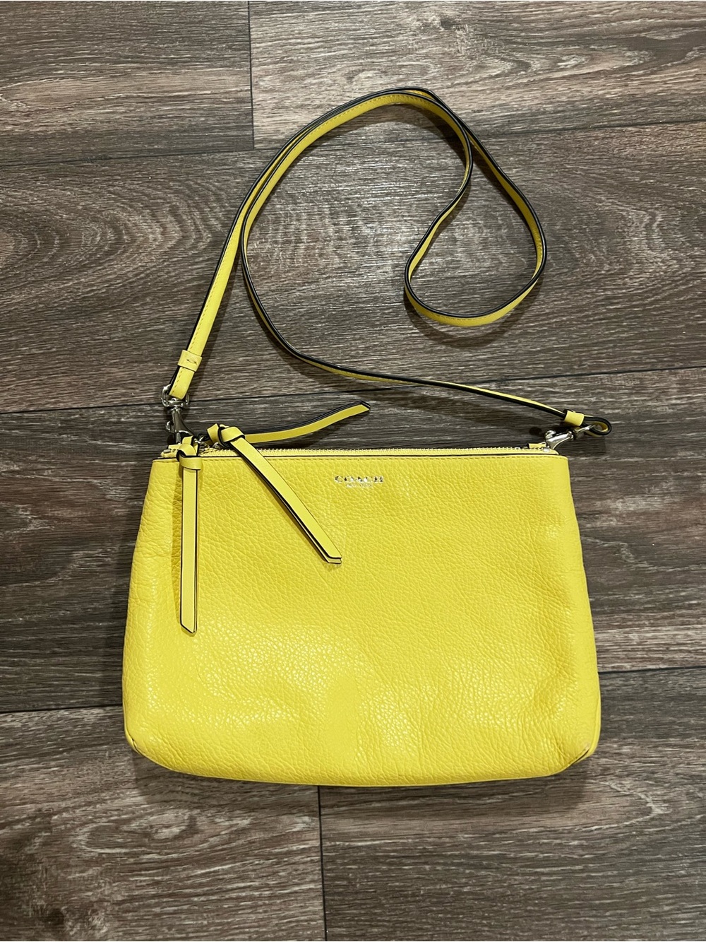 COACH Bleecker Triple Zip Pebbled Leather Crossbody Bag in Yellow